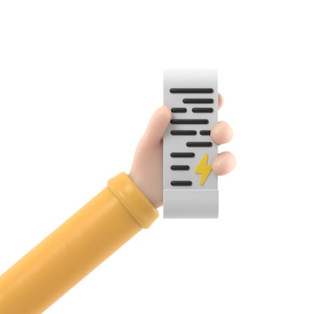 3d female hand holds payment energy bill paper invoice icon design. Cartoon plastic render Payment for electric utility receipt sign.Supports PNG files with transparent backgrounds.の写真素材