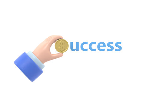 Hand holding gold coin with the word success, 3d rendering.