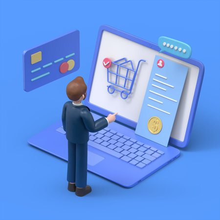 Order online concept with character. Can use for web banner, infographics, hero images.3D illustration of bearded american businessman Bob.3D rendering on blue background.の写真素材