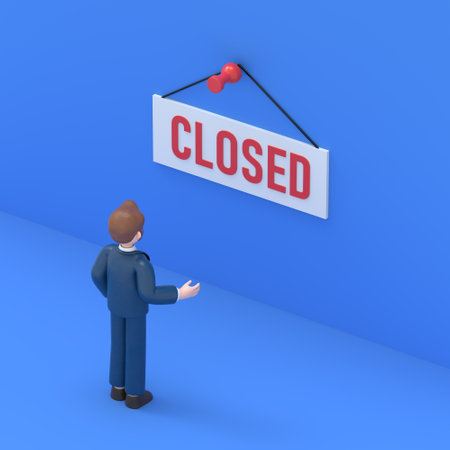 3D illustration of bearded american businessman Bob is standing near a large white sign that says closed, a store or website is not working. 3D rendering on blue background.の写真素材