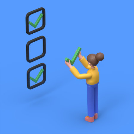 3D illustration of Asian woman Angela putting check mark in the box, testing or planning. 3D rendering on blue background.の写真素材