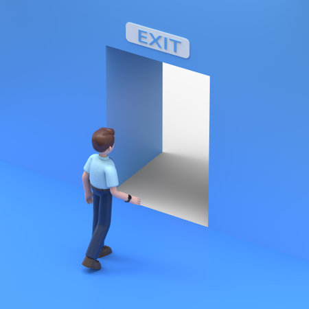 3D illustration of Asian man Felix follows the indicated path to the exit through an open door, an escape route. 3D rendering on blue background.の写真素材