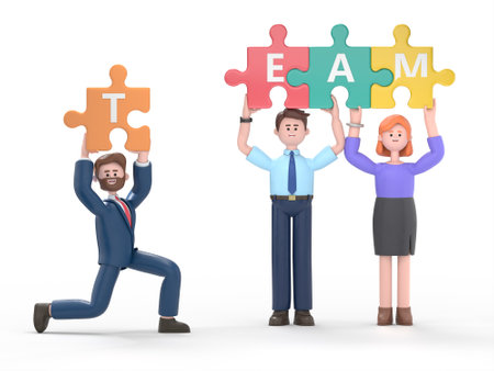 Business men putting together jigsaw the word Team.3D rendering on white background.の写真素材