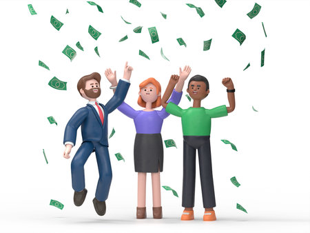 3d illustration of happy business team celebrates success standing under money rain banknotes cash...