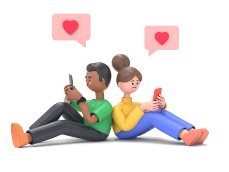 Young couple declaration of love by message on mobile.3D rendering on white background.