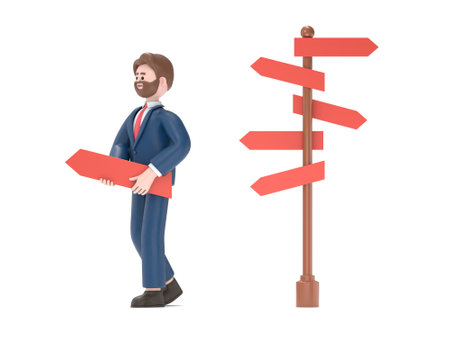 Businessman with signpost. 3D rendering, 3D illustration.の写真素材