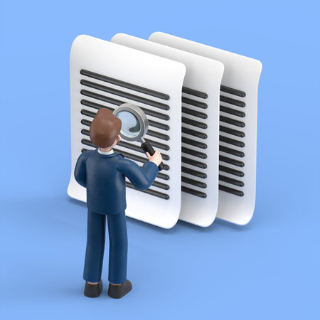 isometric image on a blue background, 3D illustration of bearded american businessman Bob in a business suit looks through a magnifying glass paper document, studying the documentationの写真素材
