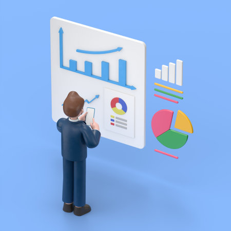 Financial research concept.3D illustration of bearded american businessman Bob Can use for web banner, infographics, hero images. Flat isometric 3D illustration isolated on blue background.の写真素材