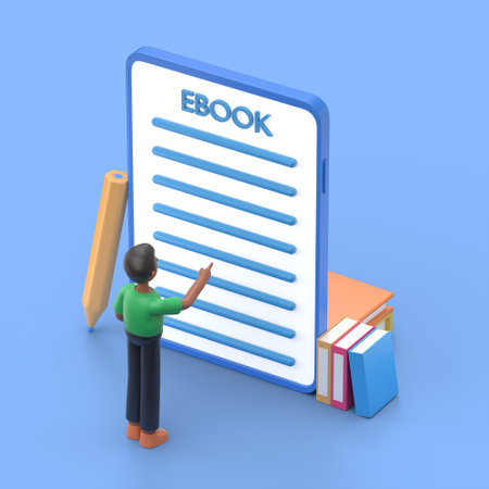 Concept of e-books. 3D illustration of handsome afro man David standing on books in front of screen of mobile tablet. Flat 3D style.の写真素材