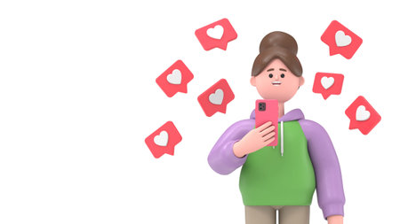 3d rendering of a woman with mobile phone and social media icons