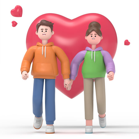 couple in love with big red heart. 3d illustration.の写真素材