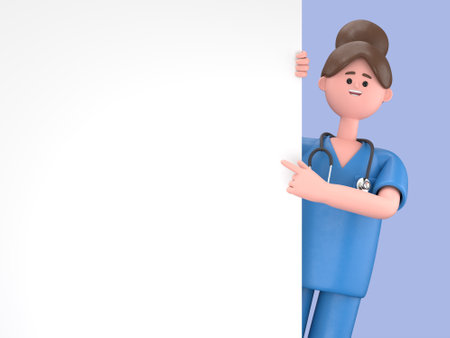 Doctor with stethoscope holding blank banner. 3d illustration.の写真素材