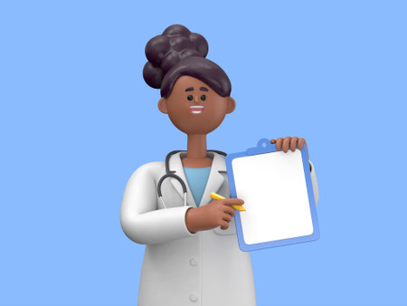3D Render of African Female Doctor with Blank Clipboard on Blue Backgroundの写真素材