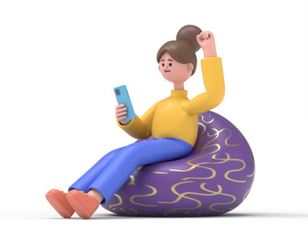 3d illustration of a girl sitting on a beanbag and using a mobile phoneの写真素材
