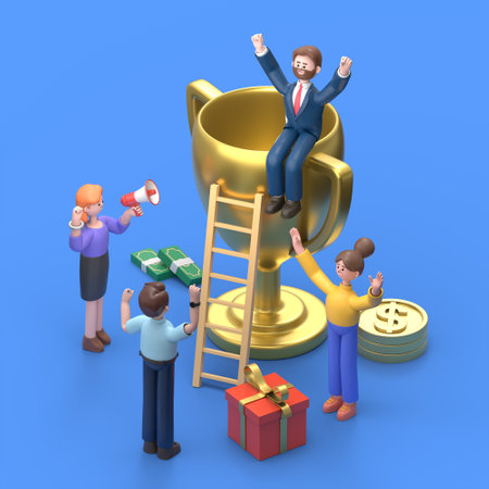 3d illustration of business people celebrating success with gold trophy and moneyの写真素材