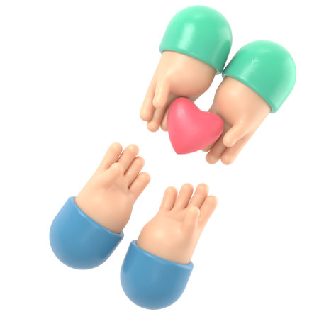 3d render of cartoon hands holding heart, isolated on white backgroundの写真素材