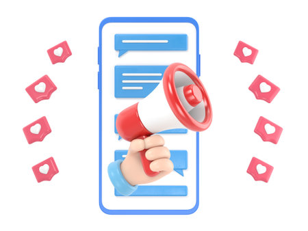 3d rendering of a hand holding a megaphone in front of a smartphone with speech bubblesの写真素材