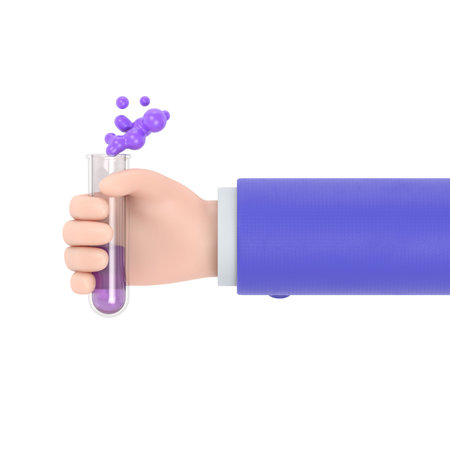 Hand holding test tube with purple liquid. Isolated on white background.の写真素材