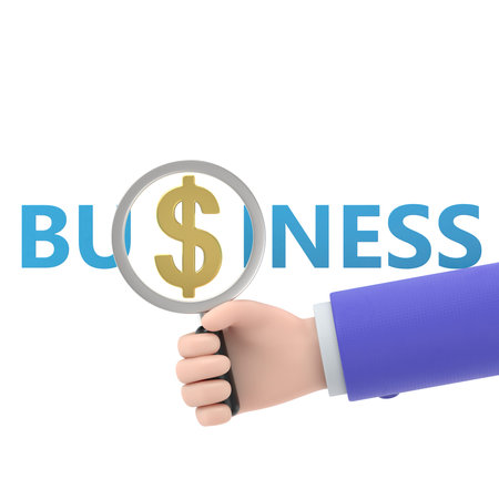 business hand holding a magnifying glass with dollar sign on white backgroundの写真素材