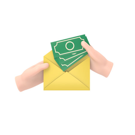 Hand holding envelope with money. Isolated on white background. 3d rendering.の写真素材