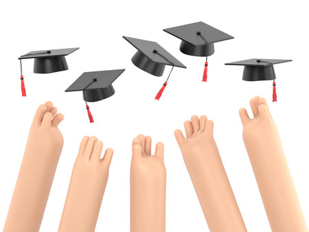 3d render of hands with graduation caps isolated on white background.の写真素材