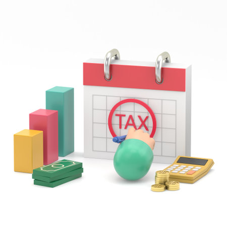 Tax payment concept. Calendar, calculator and money. 3d rendering.の写真素材