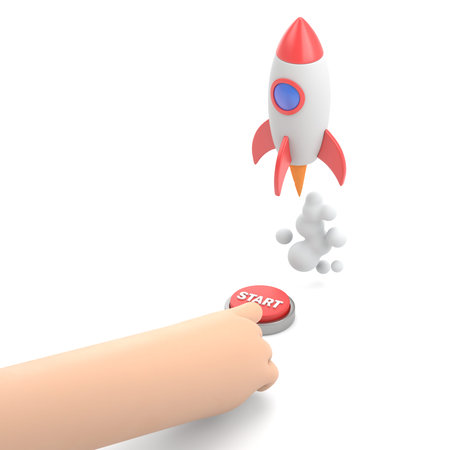 Rocket icon with red button. Isolated on white background. 3d render