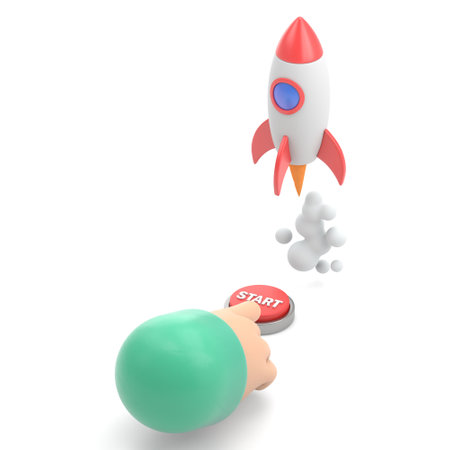 3d render of rocket with red start button on white background.の写真素材