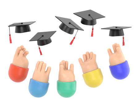 3d render of hand with mortarboard and graduation cap over white backgroundの写真素材