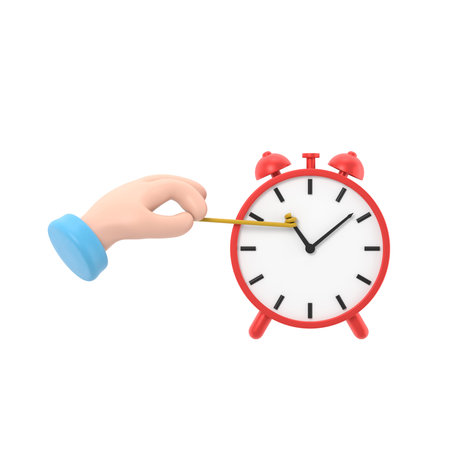 Alarm clock with hand on white background. 3d rendering.