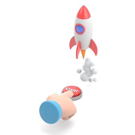 3d render of a hand throwing a button with a rocket on itの写真素材