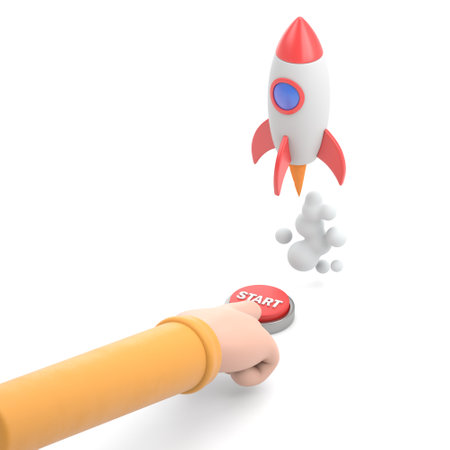 rocket with a red button on a white background. 3d rendering.の写真素材