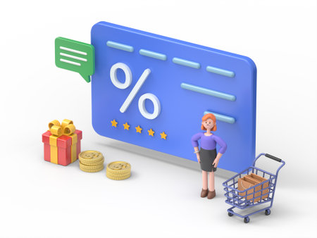 3d illustration of woman with shopping cart and credit card over white backgroundの写真素材
