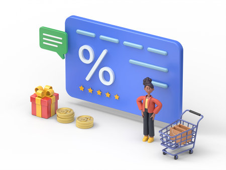 3d people - man, person with shopping cart and discount card