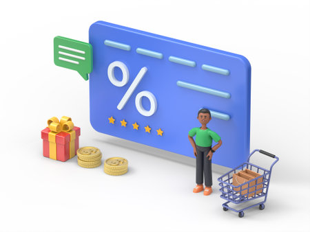 3d people - man, person with shopping cart and discount cardの写真素材
