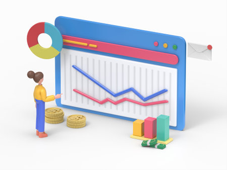 3d rendering of a businesswoman standing next to a graph and coinsの写真素材