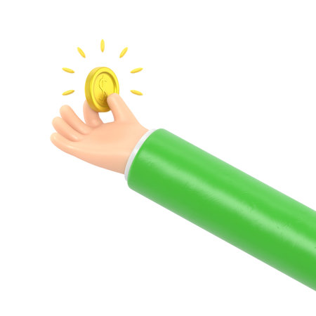 Hand holding gold coin isolated on white background. 3d illustration.