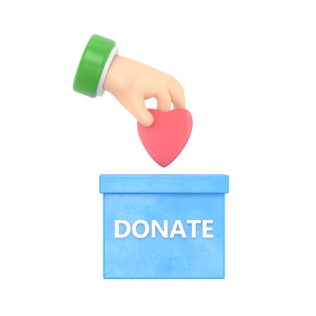 Donate concept. Hand putting heart into donation box. 3D rendering.の写真素材