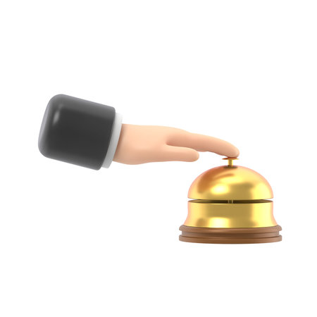 Hotel bell with hand isolated on white background. 3d illustration