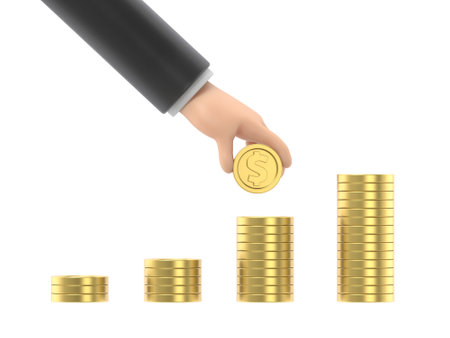 3d render of hand putting coin into stack of coins, business conceptの写真素材