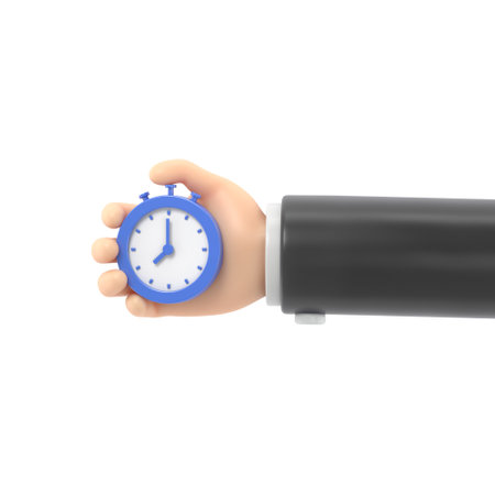 3d rendering of hand holding alarm clock. Time management concept.の写真素材