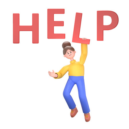 3D illustration of Asian woman with a word -HELP .Mockup 3d character illustration.3D rendering on white background.の写真素材