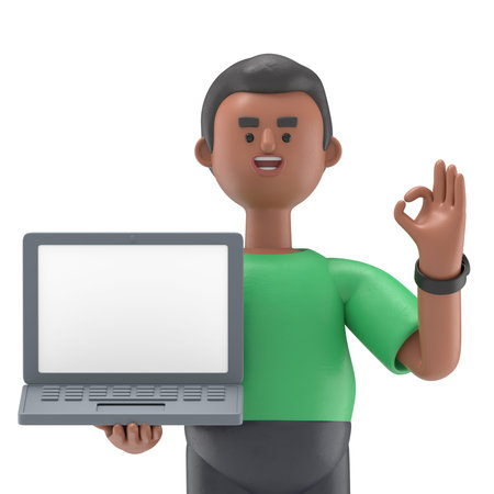 3D illustration of man holding laptop.Transparent Background Mockup. Supports PNG files with...