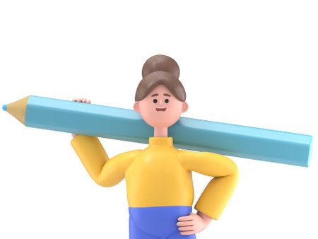 3D illustration of Asian woman signing contract with big pen. Transparent Background Mockup. Supports PNG files with transparent backgrounds.の写真素材