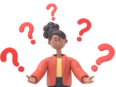 3D illustration of african american woman surrounded by question marks.Transparent Background Mockup. Supports PNG files with transparent backgrounds.の写真素材