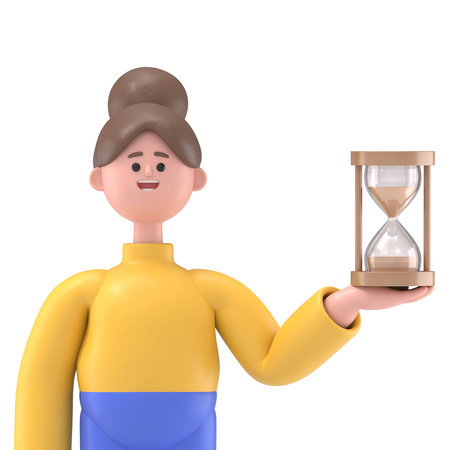 3D illustration of Asian woman holding sandglass or hourglass, looking and realize it's nearly time...