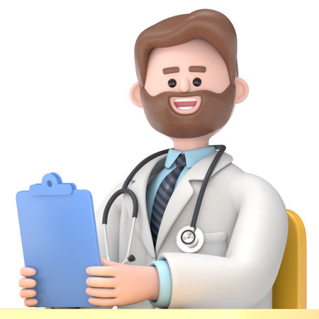 3D illustration of Male Doctor holding clipboard, aside looking and smiling, Transparent Background Mockup. Supports PNG files with transparent backgrounds.の写真素材