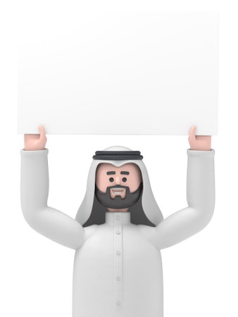 3D illustration of a smiling Arab man holding white blank board.Transparent Background Mockup.Supports PNG files with transparent backgrounds.の写真素材