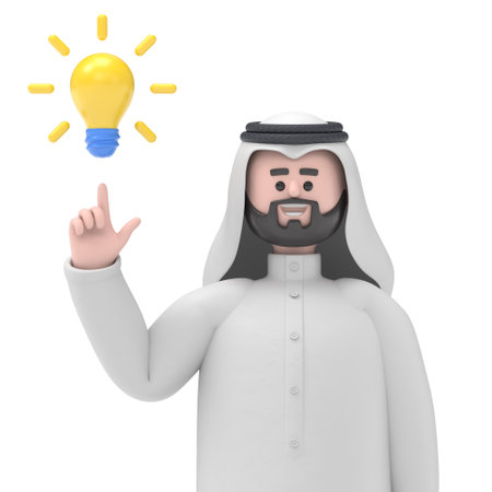 3D illustration of a smiling Arab man pointing finger at light bulb generating new ideas.Transparent Background Mockup.Supports PNG files with transparent backgrounds.の写真素材