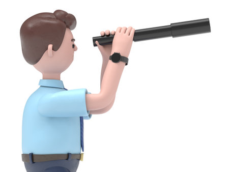 3D illustration of Asian man with binoculars. Future and vision concept.Transparent Background Mockup.Supports PNG files with transparent backgrounds.の写真素材